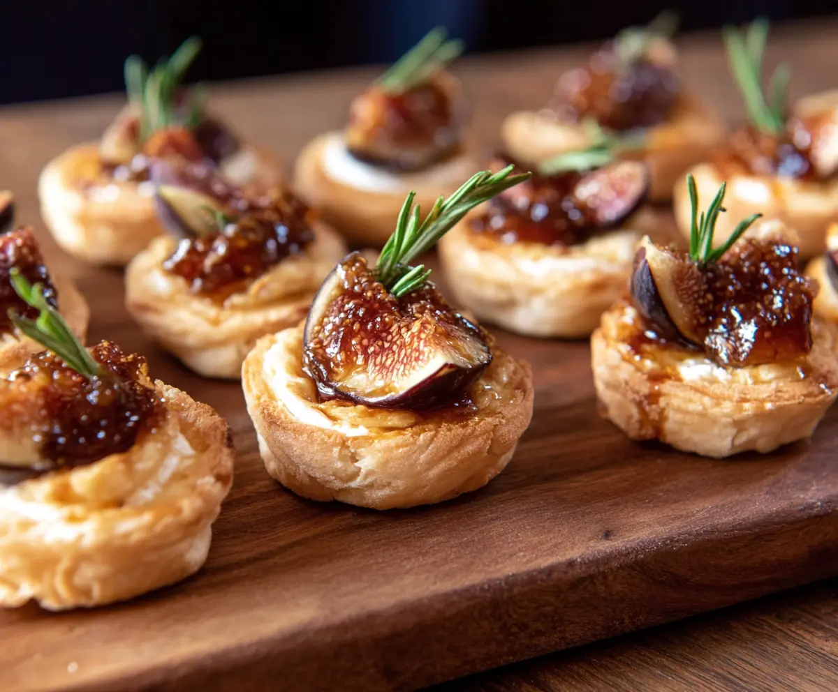 Delicious Fig Brie Bites on a serving platter, showcasing creamy brie cheese topped with fresh fig slices and a drizzle of honey.