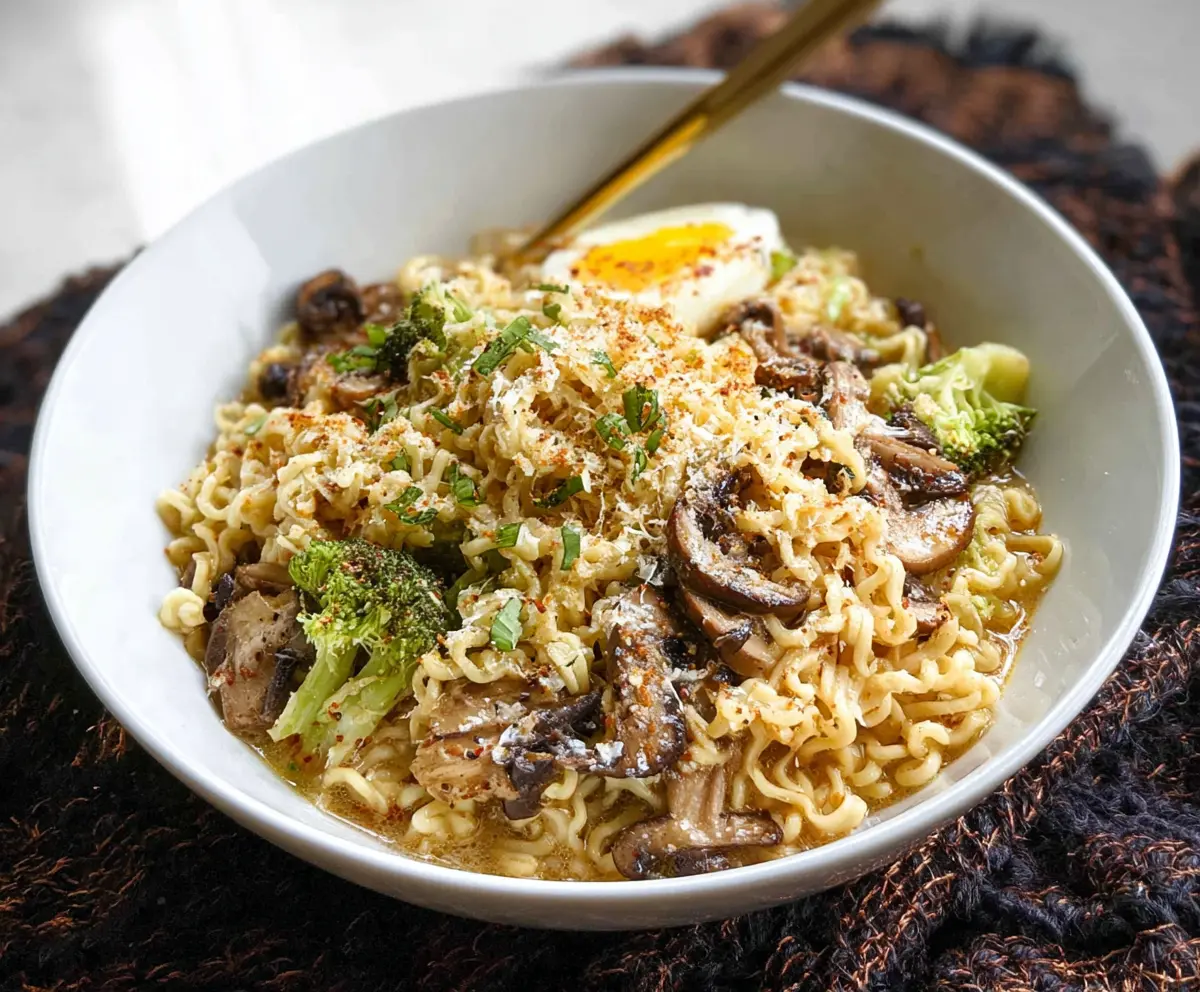 Delicious bowl of Garlic Parmesan Ramen with rich broth, garlic, and melted Parmesan cheese