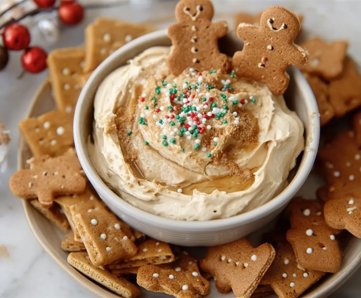 Creamy gingerbread cheesecake dip served with cookies for a festive treat
