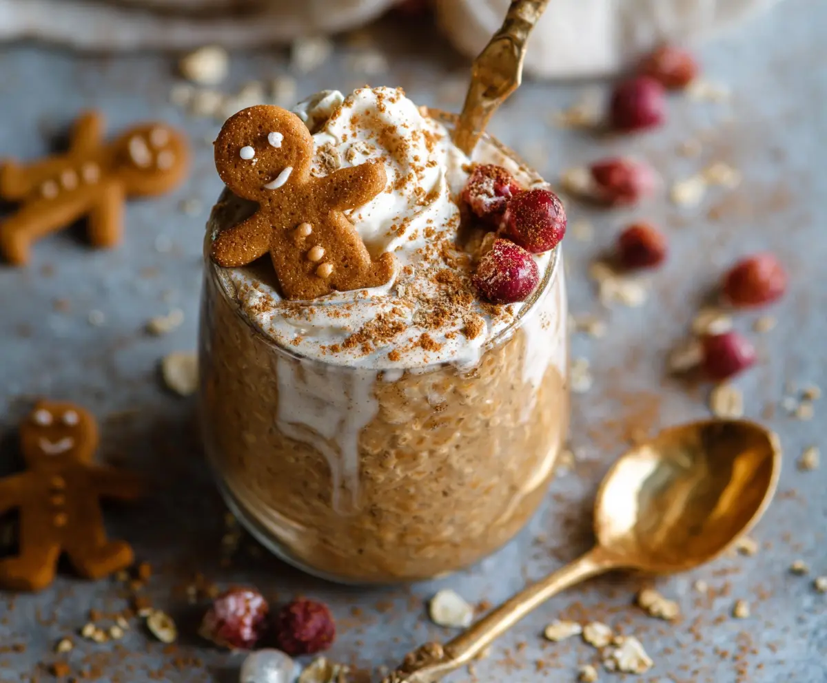 Creamy gingerbread overnight oats topped with cinnamon and a drizzle of honey for a festive breakfast.