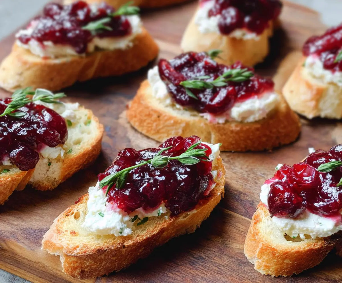 Delicious goat cheese cranberry crostini served on a wooden platter, perfect for appetizers and parties.