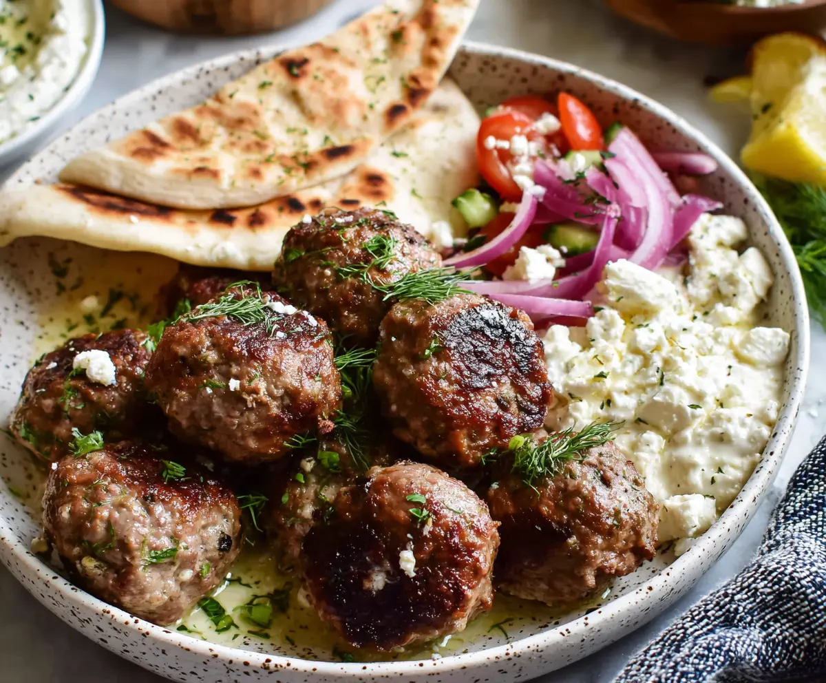 Delicious Greek Meatballs served with fresh herbs and lemon, perfect for Mediterranean cuisine lovers.