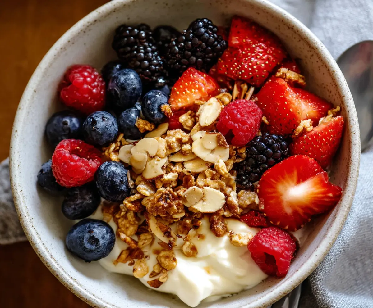 Healthy Greek yogurt bowl topped with fresh berries and honey for breakfast.