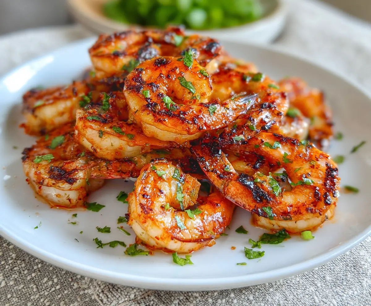 Delicious grilled spicy shrimp served on a plate with lemon and herbs, perfect for a flavorful seafood meal.