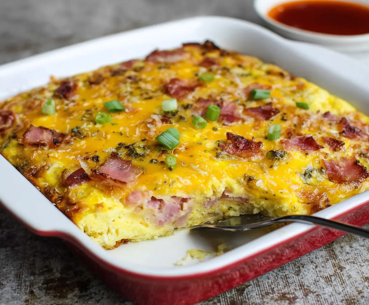 Delicious ham and egg casserole topped with melted cheese, perfect for breakfast or brunch.