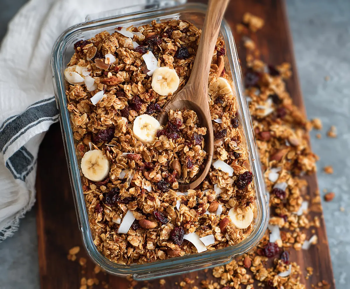 Bowl of homemade healthy granola with nuts and dried fruits ready for breakfast.