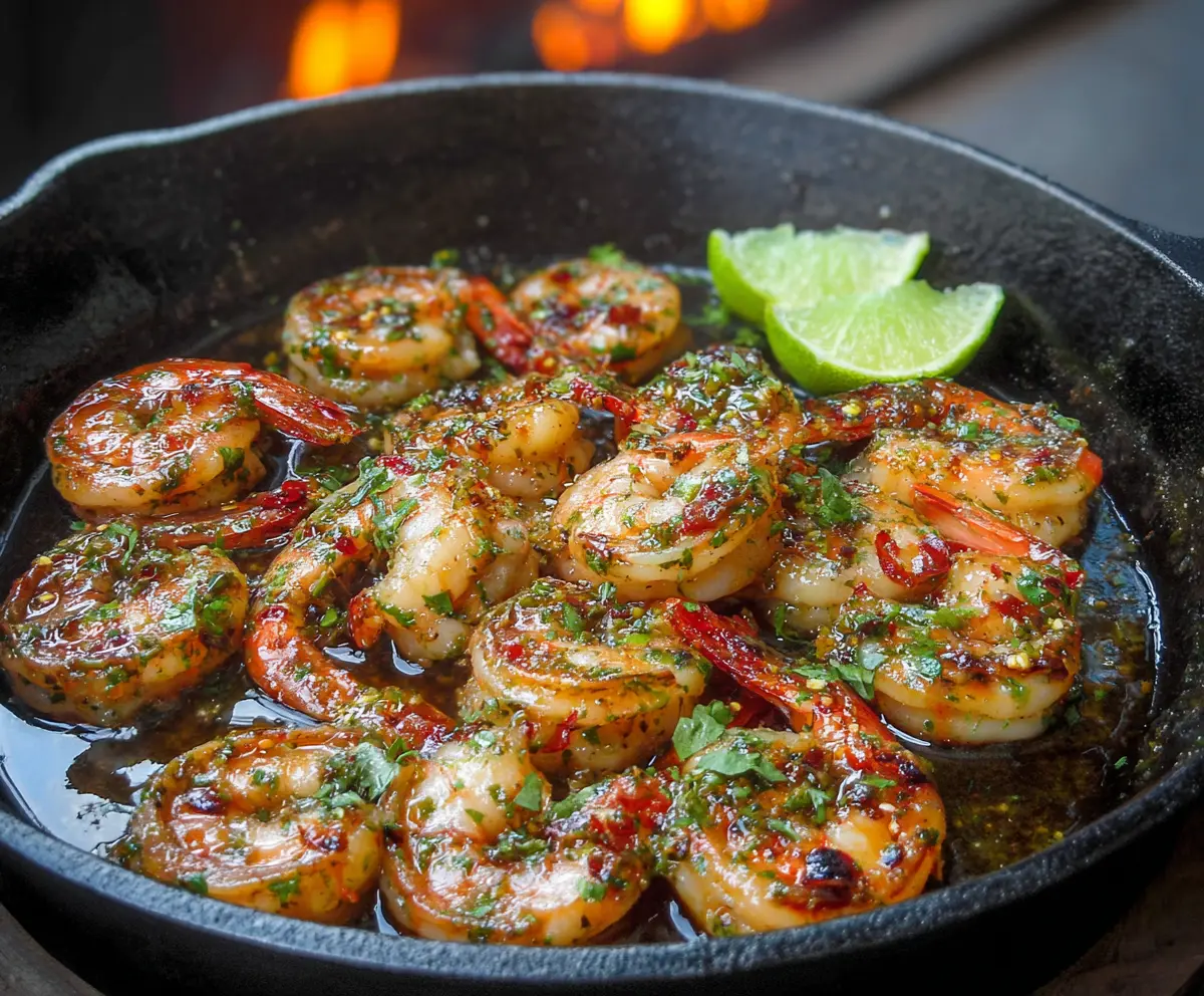 Delicious honey tequila lime shrimp served on a plate with fresh lime and herbs