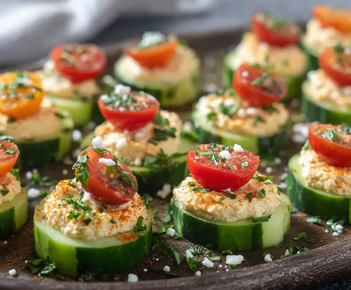 Delicious Hummus Cucumber Bites served as healthy appetizer with fresh ingredients