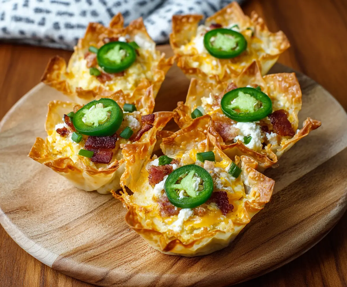 Delicious jalapeno popper wonton cups filled with creamy cheese and spicy jalapenos, perfect as an appetizer.