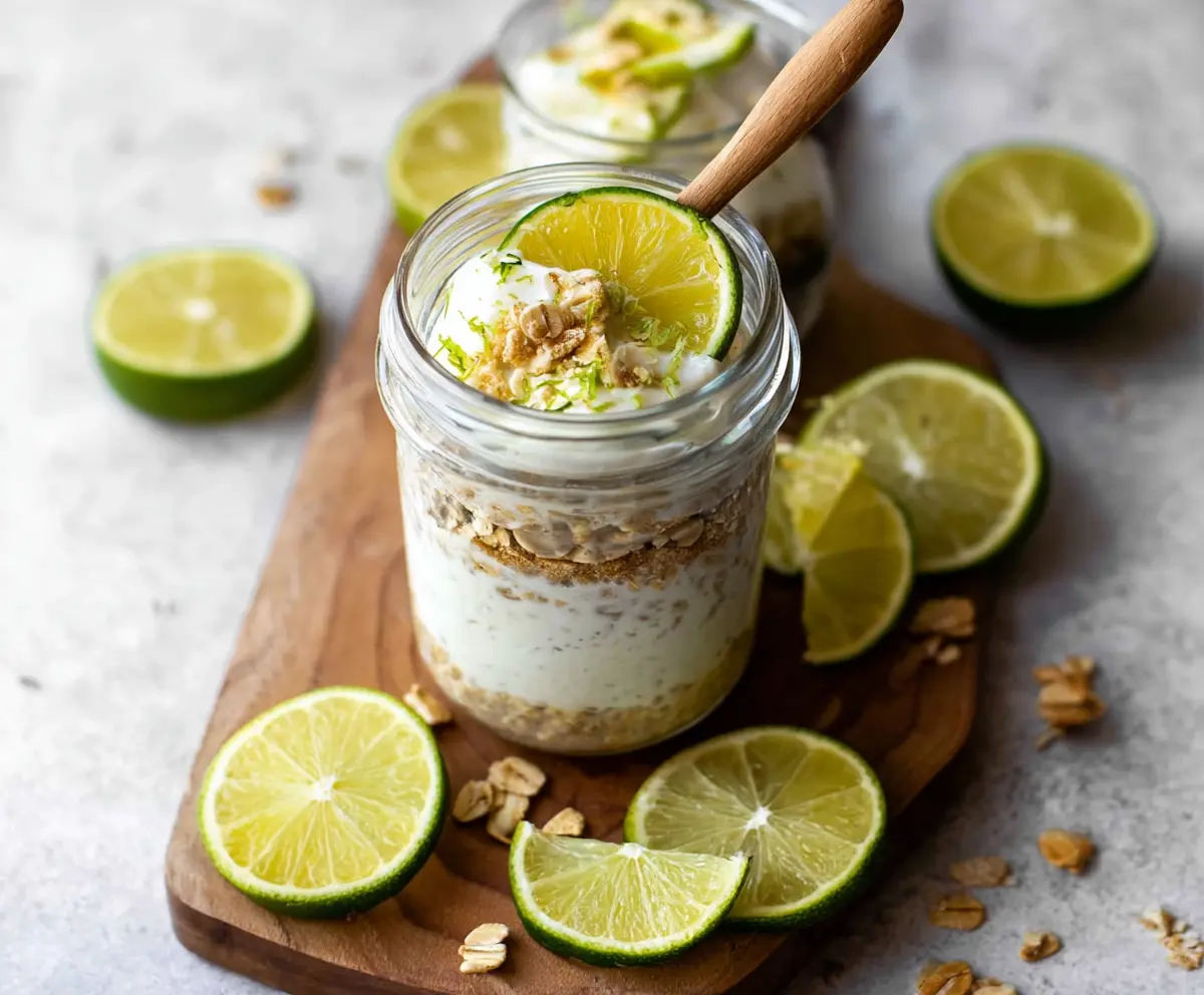 Creamy key lime pie-flavored overnight oats in a glass jar for a refreshing breakfast