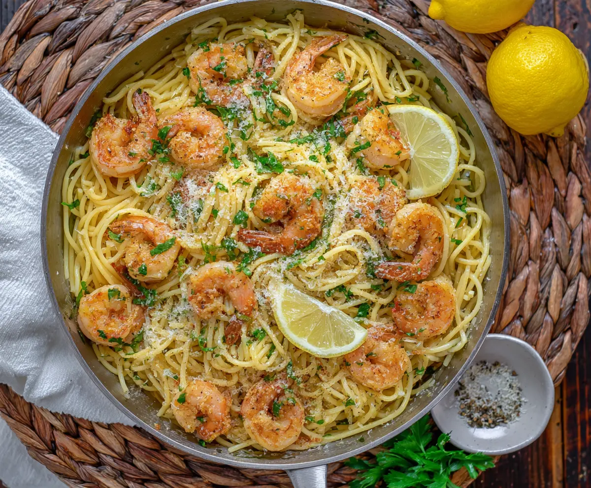 Delicious Lemon Garlic Parmesan Shrimp Pasta served on a white plate with fresh herbs