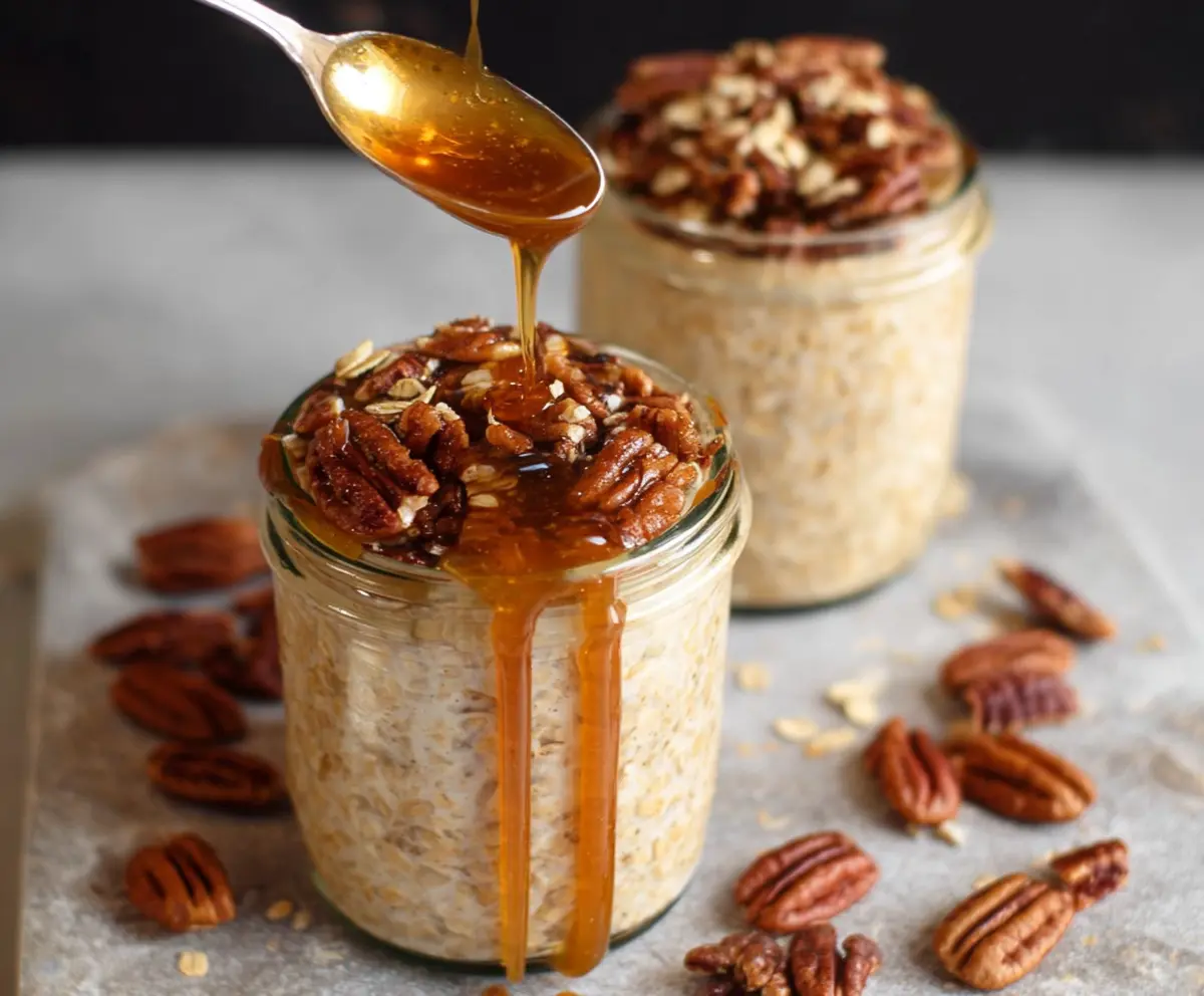 Creamy Maple Praline Overnight Oats topped with pecans and a dash of maple syrup in a glass jar.