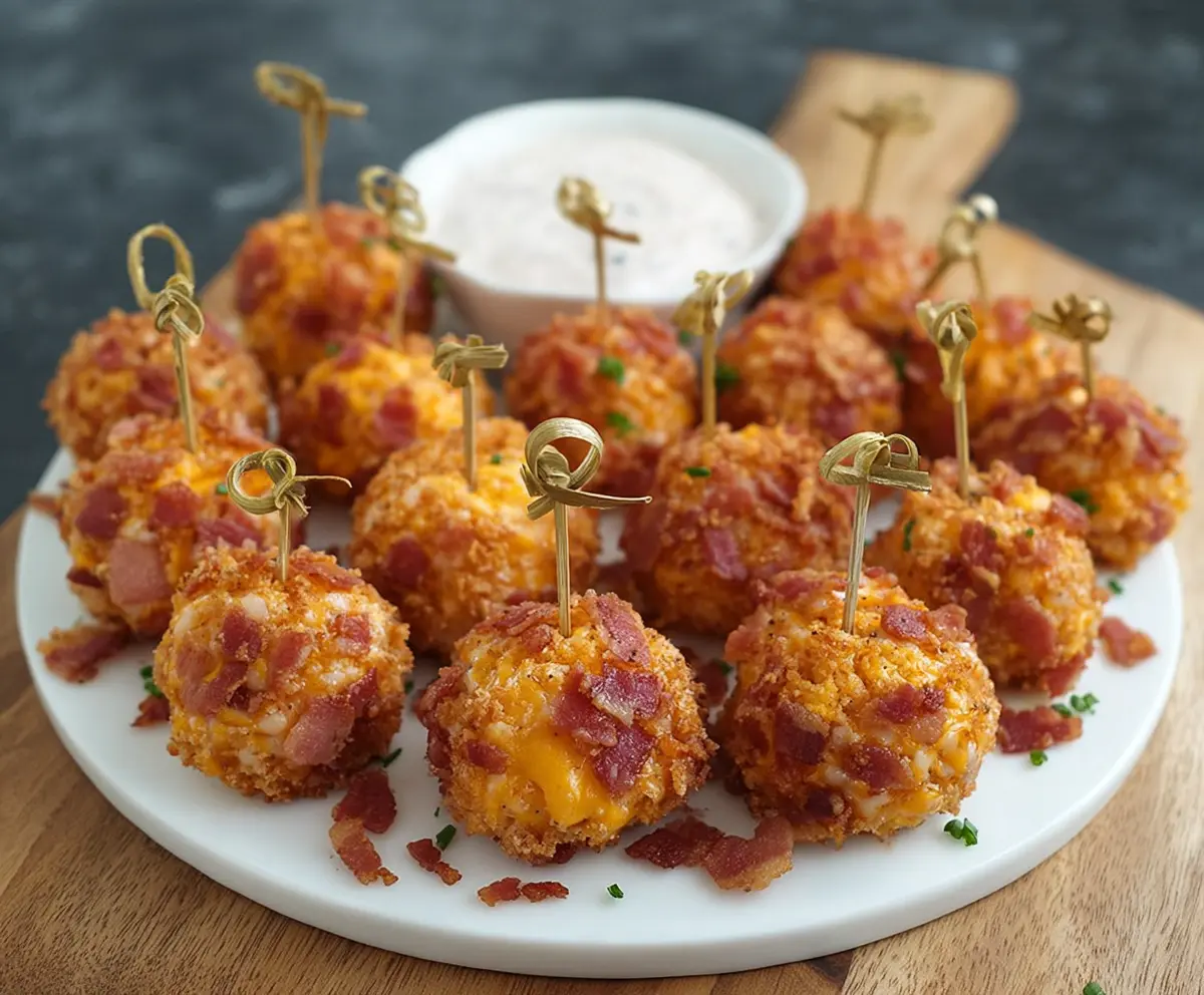 Delicious Mini Bacon Ranch Cheeseballs on a platter, perfect for appetizers and parties.