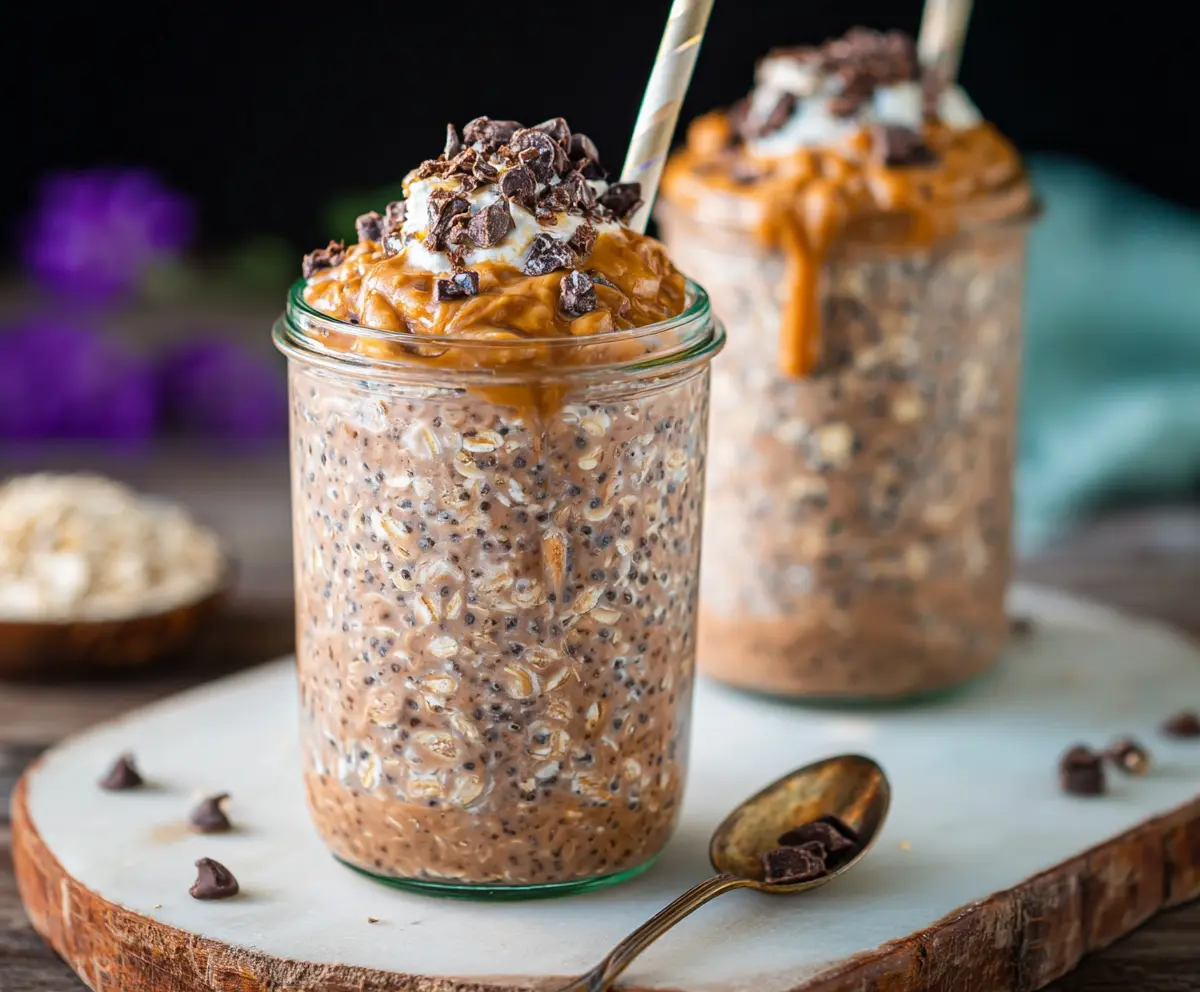 Creamy mocha overnight oats topped with chocolate shavings and a sprinkle of coffee beans for a delicious breakfast.