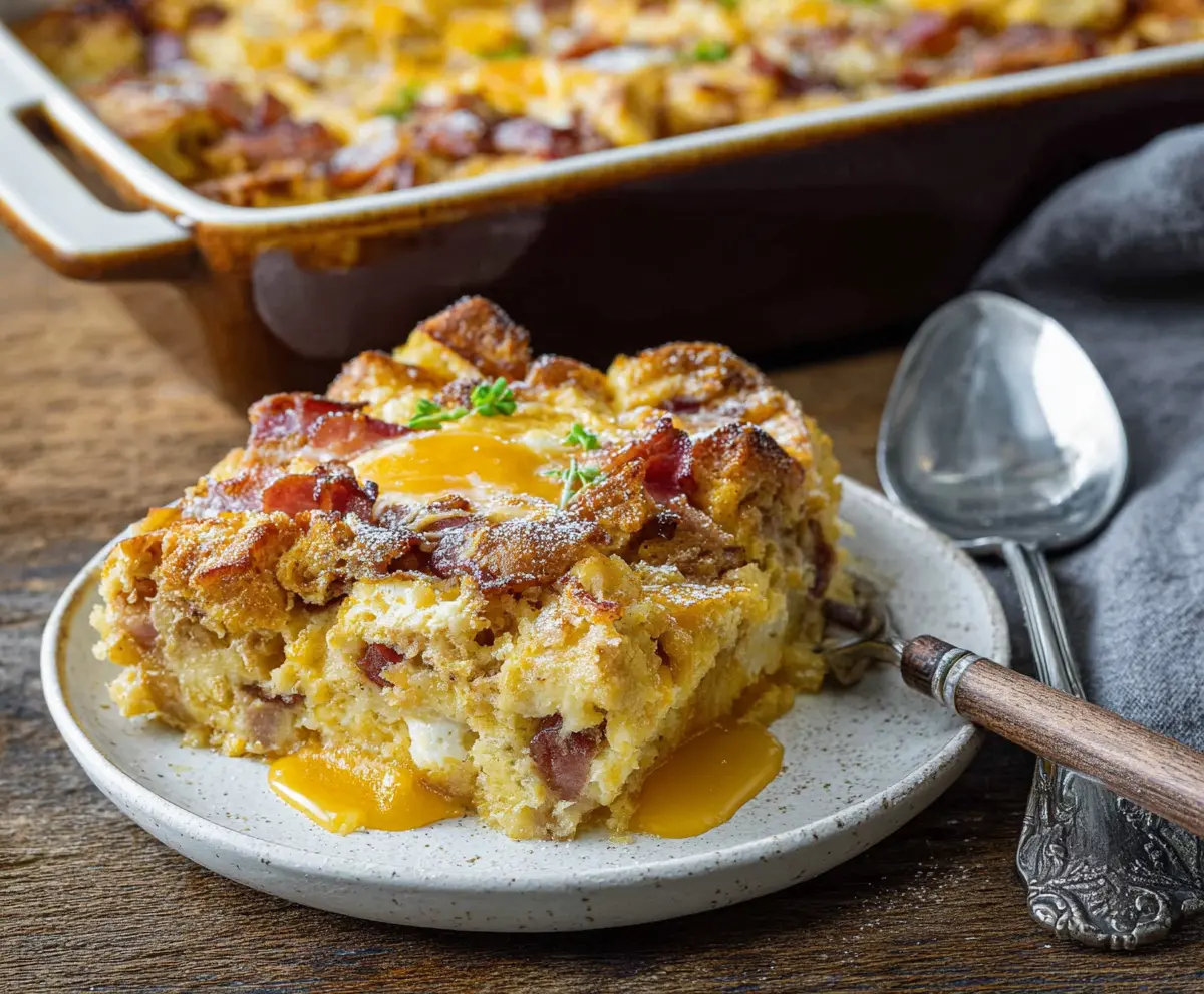 Delicious Monte Cristo Breakfast Casserole with melted cheese and crispy bacon served in a baking dish.