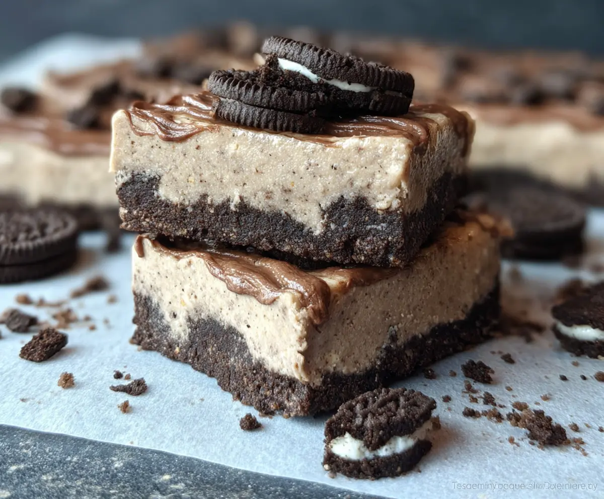 No Bake Oreo Protein Bars on a plate, featuring a creamy chocolate and cookie texture.