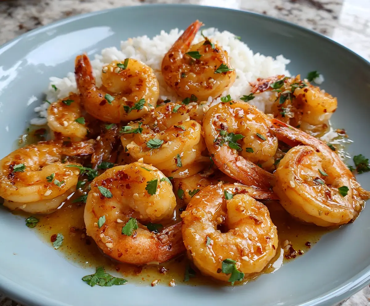 Close-up of juicy orange honey garlic shrimp served on a white plate, highlighting the glossy glaze and tender texture.