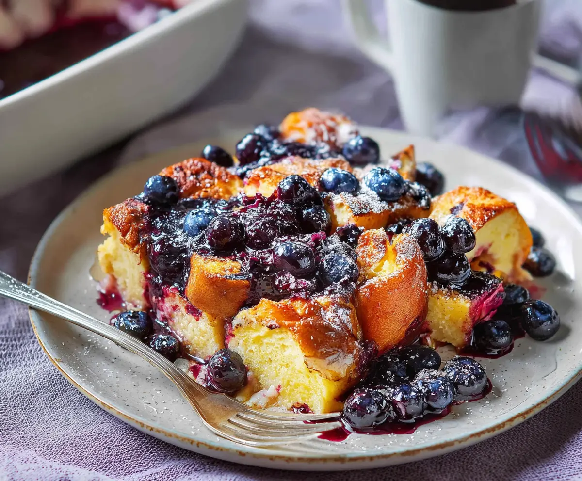 Delicious overnight blueberry French toast topped with fresh blueberries and powdered sugar.