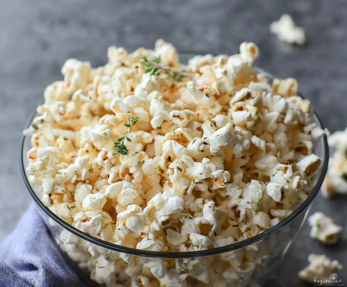 Delicious Parmesan Truffle Popcorn with golden kernels and rich topping