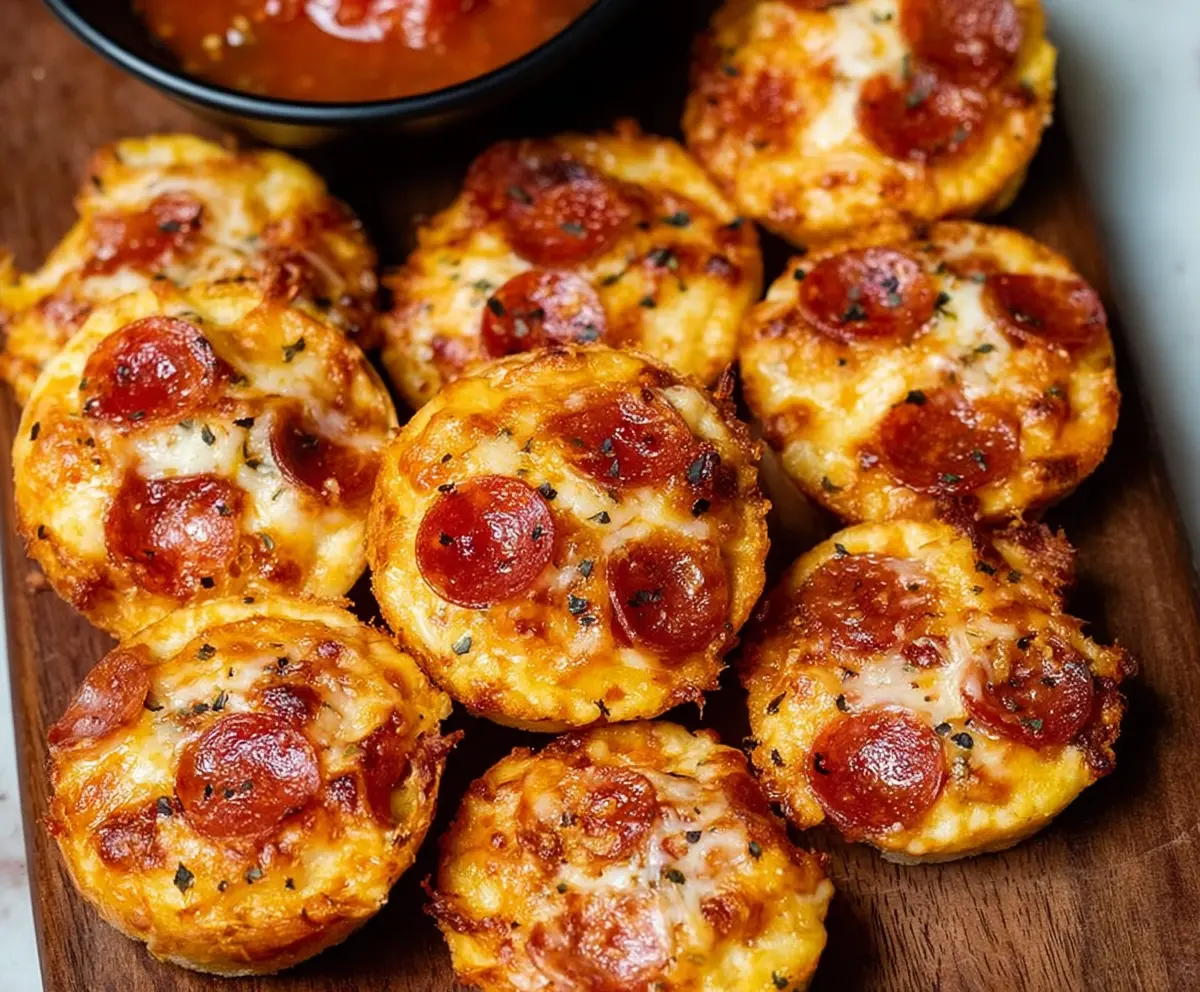 Delicious pepperoni pizza bites with melted cheese and crispy crust on a wooden serving board.