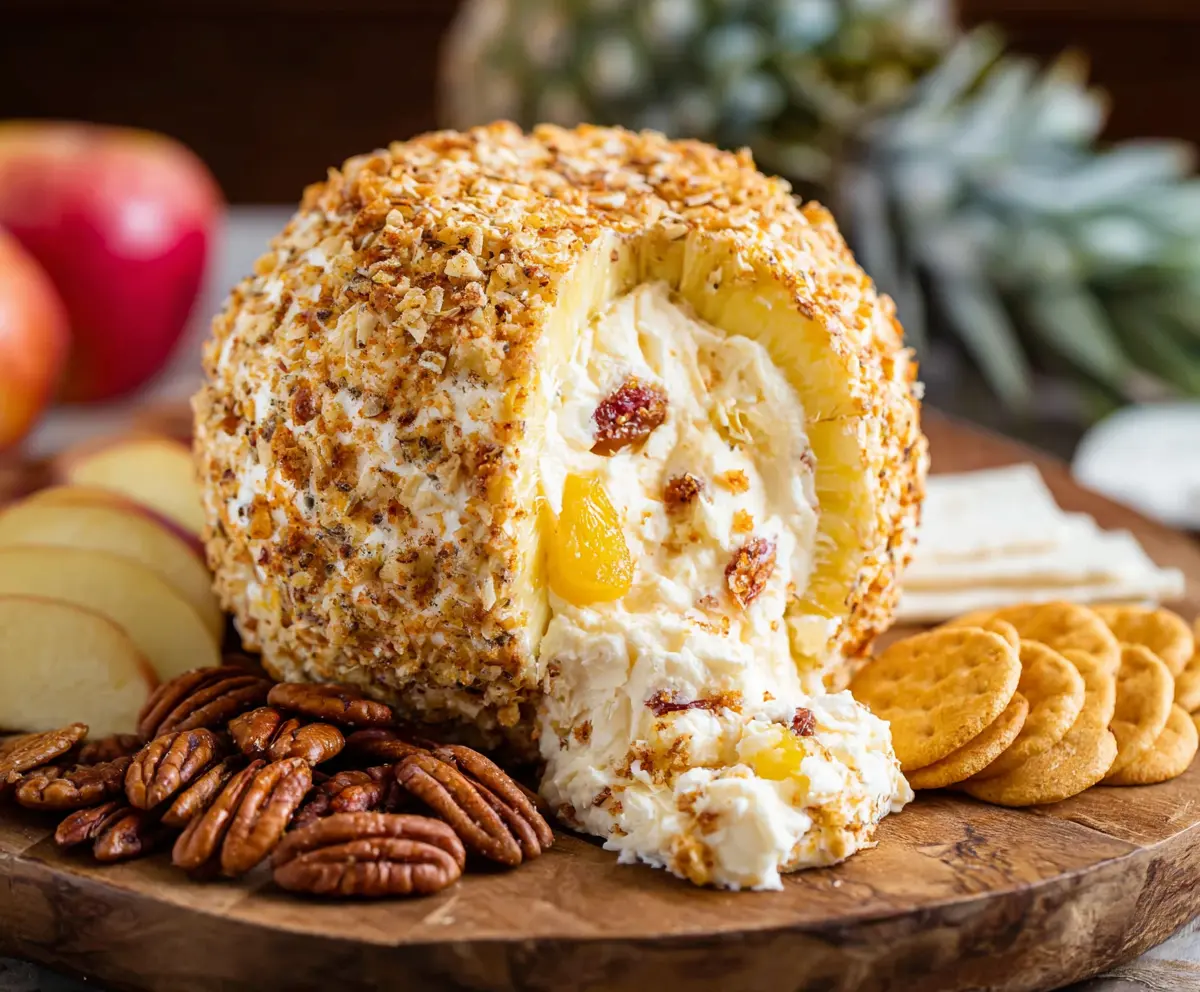 Creamy pineapple cheese ball appetizer garnished with chopped herbs, perfect for parties.