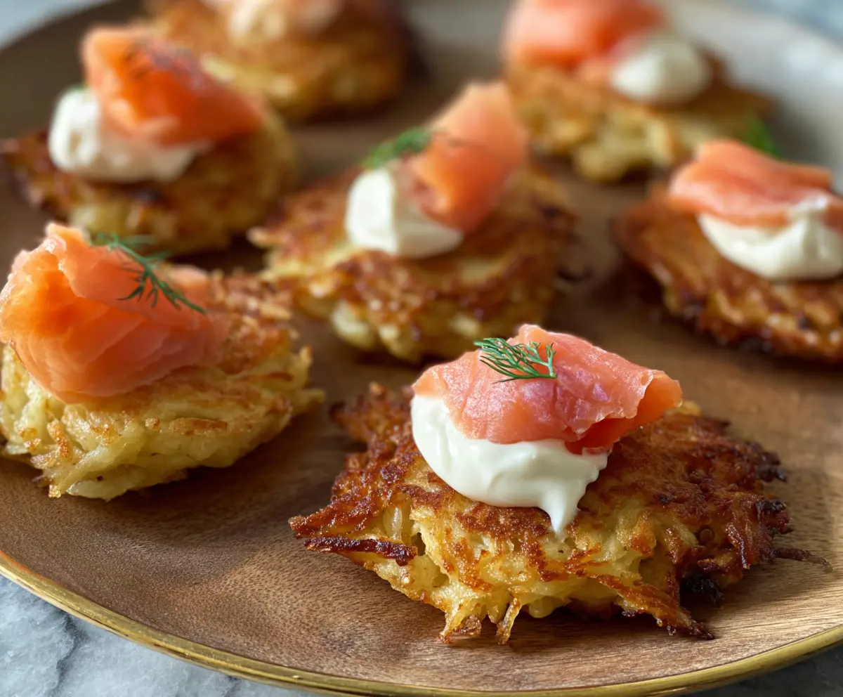 Delicious Potato Latke Bites topped with smoked salmon and fresh herbs, perfect for appetizers or parties.