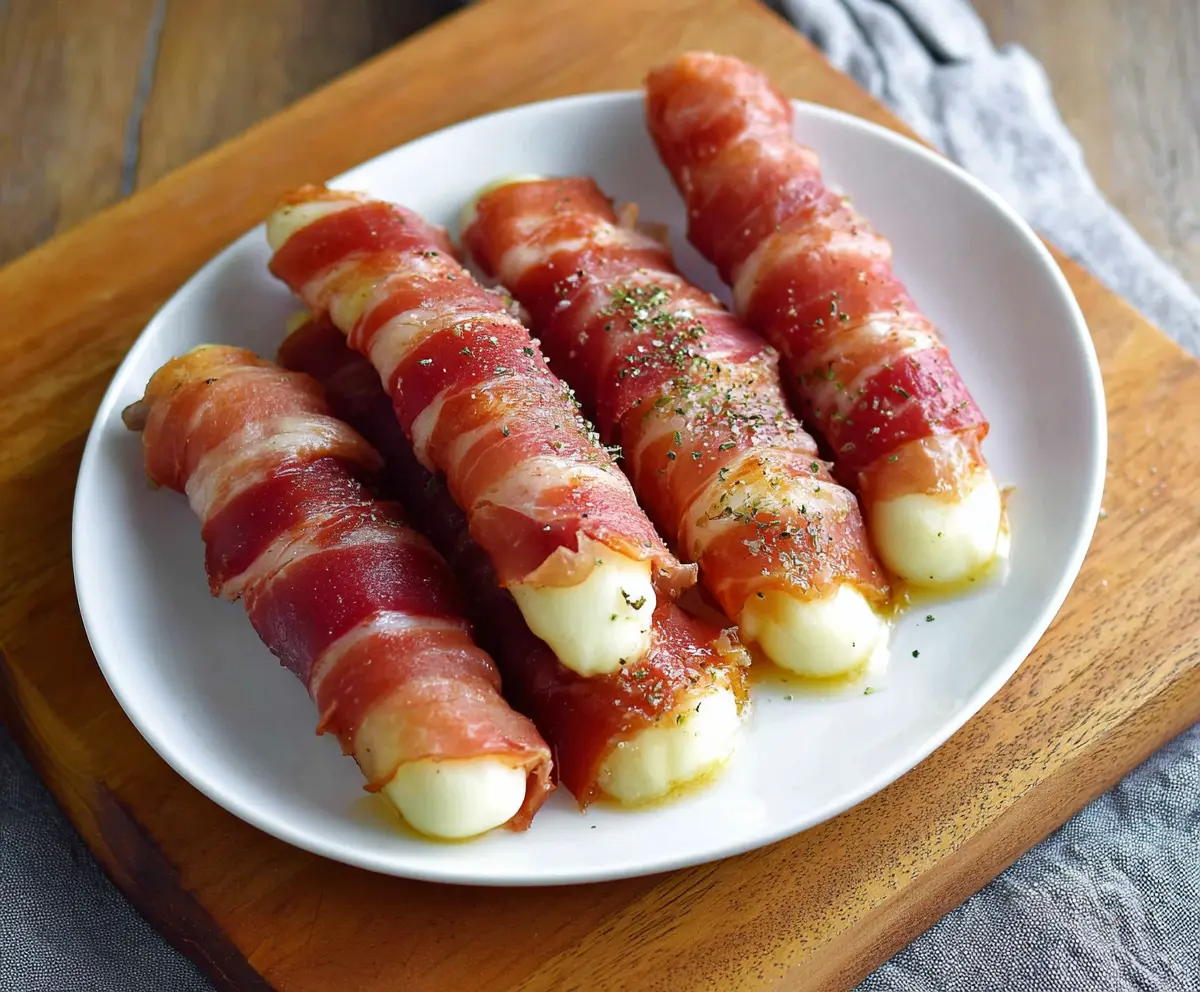 Delicious prosciutto wrapped mozzarella sticks, crispy and cheesy appetizer perfect for parties.