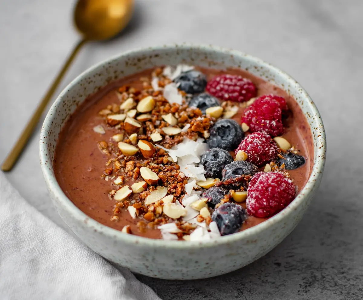 Healthy protein smoothie bowl topped with fresh fruits and nuts for a nutritious breakfast.