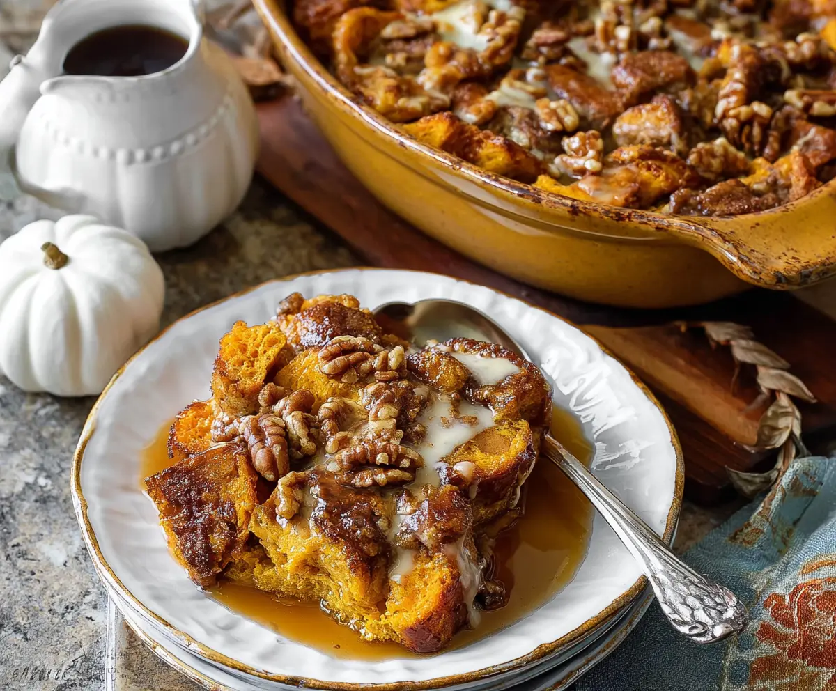 Delicious Pumpkin Spice French Toast Casserole topped with whipped cream and cinnamon for a cozy breakfast.