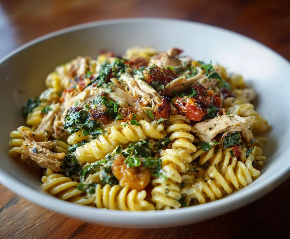 Delicious rotisserie chicken pasta with creamy sauce and fresh herbs, perfect for a quick dinner.