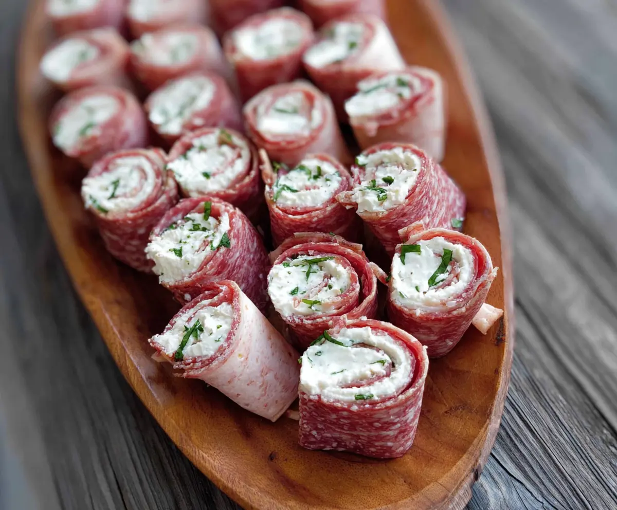 Salami and cream cheese roll ups as a delicious appetizer on a wooden platter.