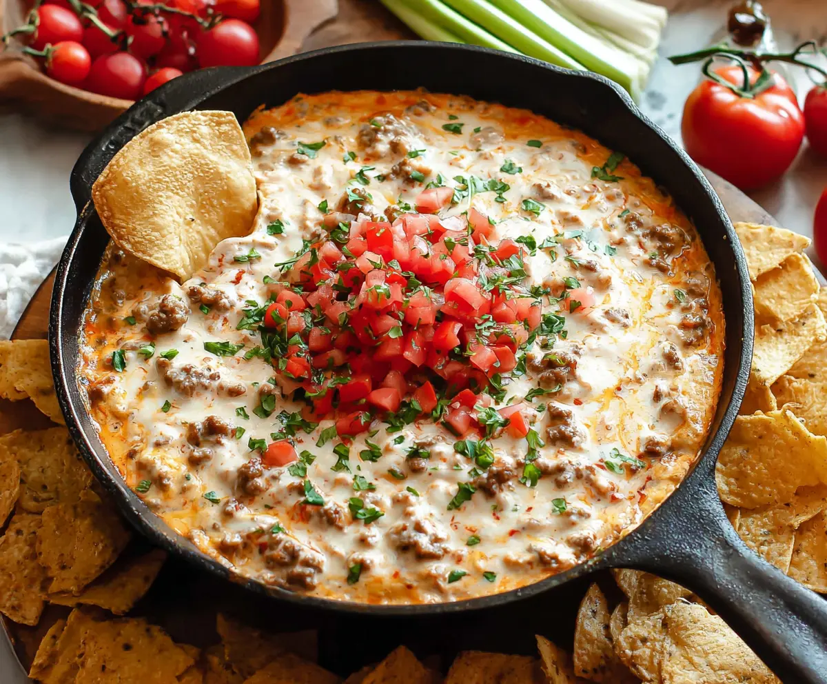 Delicious sausage cream cheese dip served with tortilla chips, perfect for parties and snacks.
