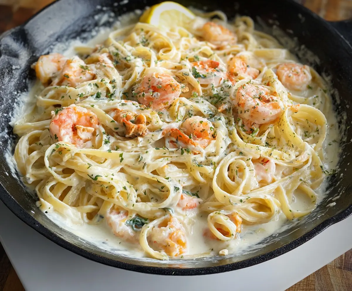 Creamy seafood alfredo pasta with shrimp and scallops, garnished with parsley.