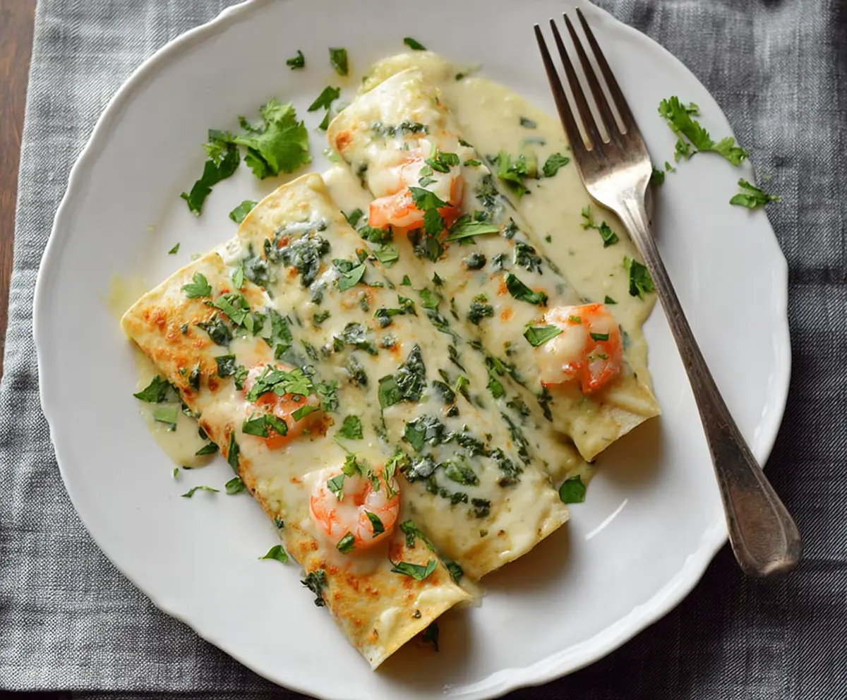 Delicious shrimp enchiladas topped with creamy poblano sauce on a white plate.