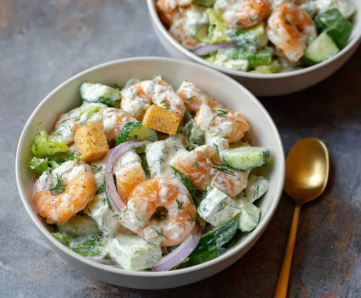 Delicious shrimp salad with creamy yogurt dressing, fresh greens, and colorful vegetables on a plate.