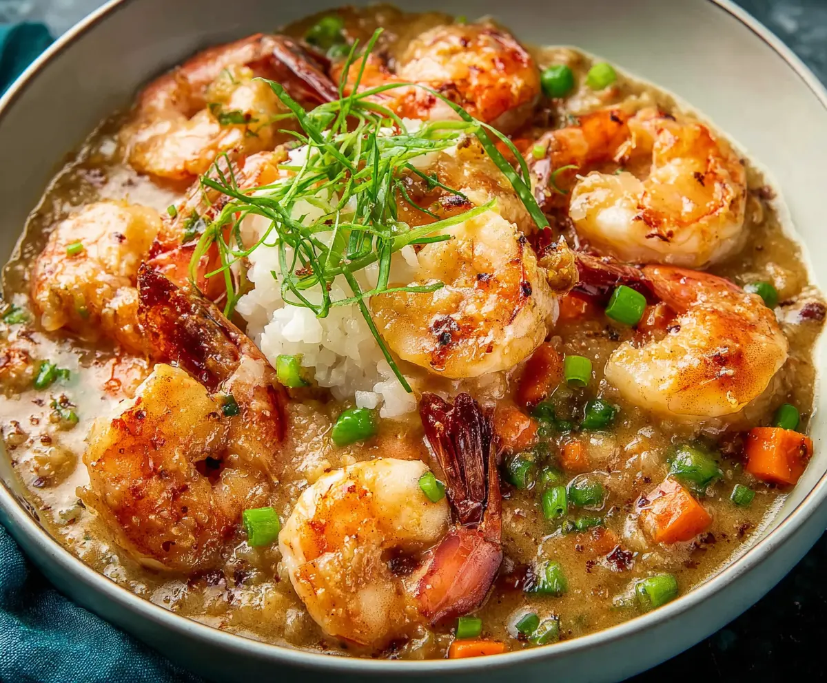 Delicious shrimp dish topped with rich lobster sauce, served on a white plate