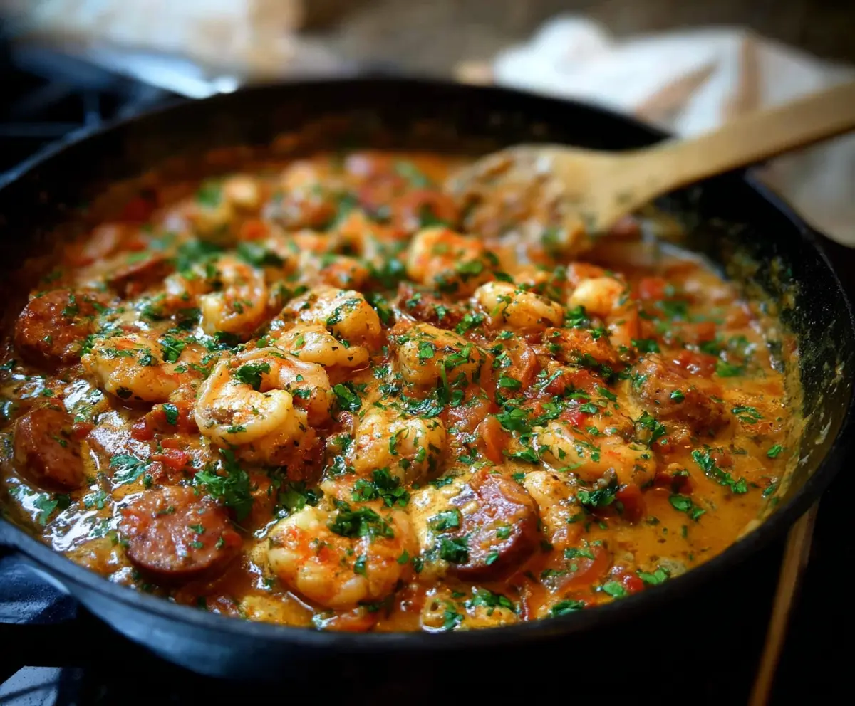 Delicious smothered shrimp and sausage served with flavorful spices and garnished with fresh herbs.