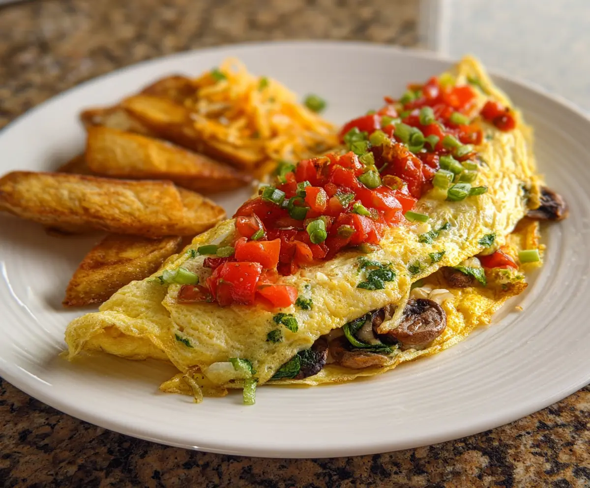 Delicious Southwest Omelet with colorful peppers, cheese, and fresh cilantro on a breakfast plate.