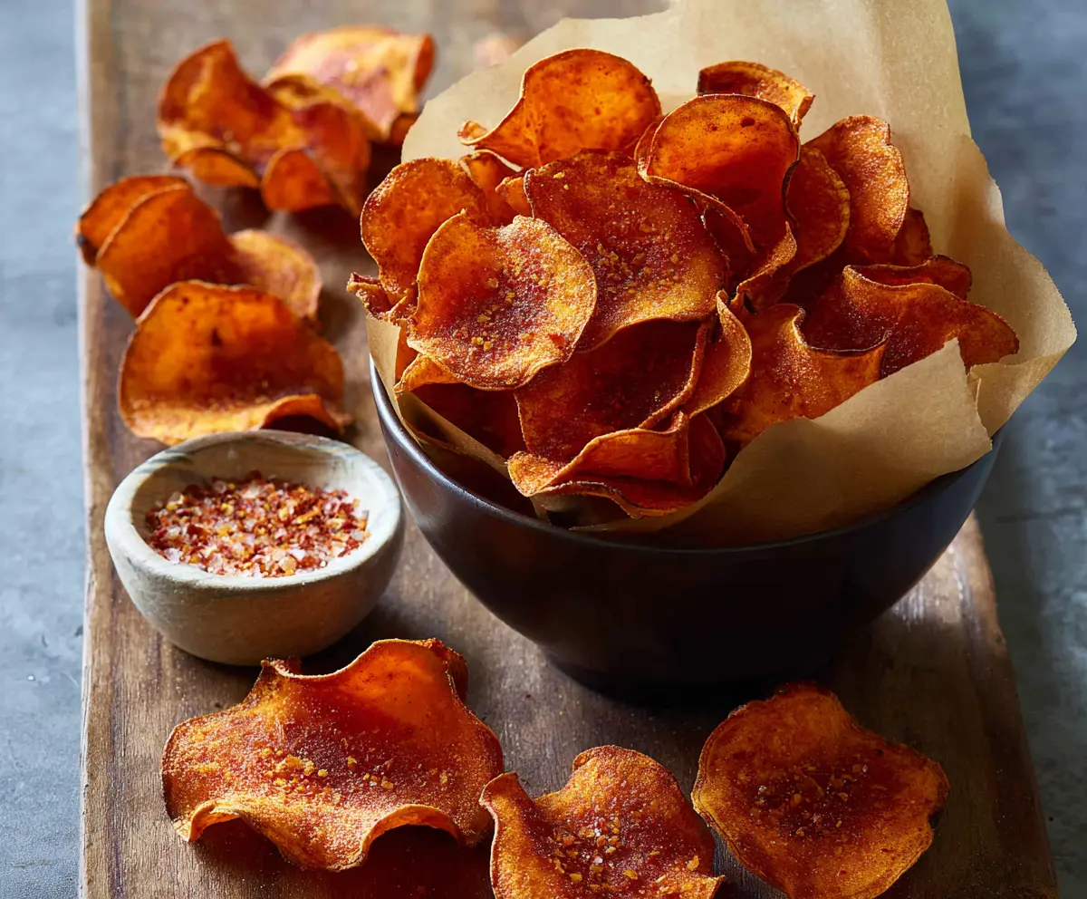 Crispy spicy sweet potato chips on a white plate, garnished with fresh herbs.