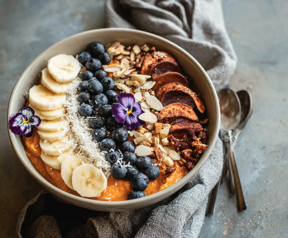 Healthy sweet potato breakfast bowl topped with fresh fruits and nuts, perfect for a nutritious start to the day.