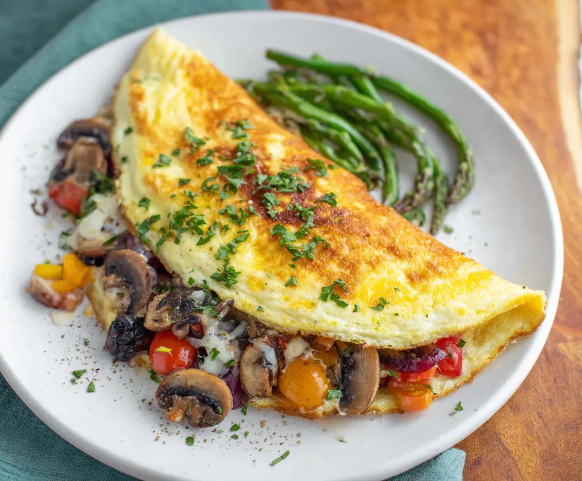 Fresh veggie omelet with colorful bell peppers, spinach, and cheese in a skillet.