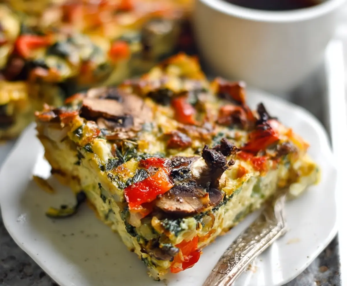Savory Veggie-Packed Breakfast Casserole with colorful peppers, spinach, and melted cheese in a baking dish