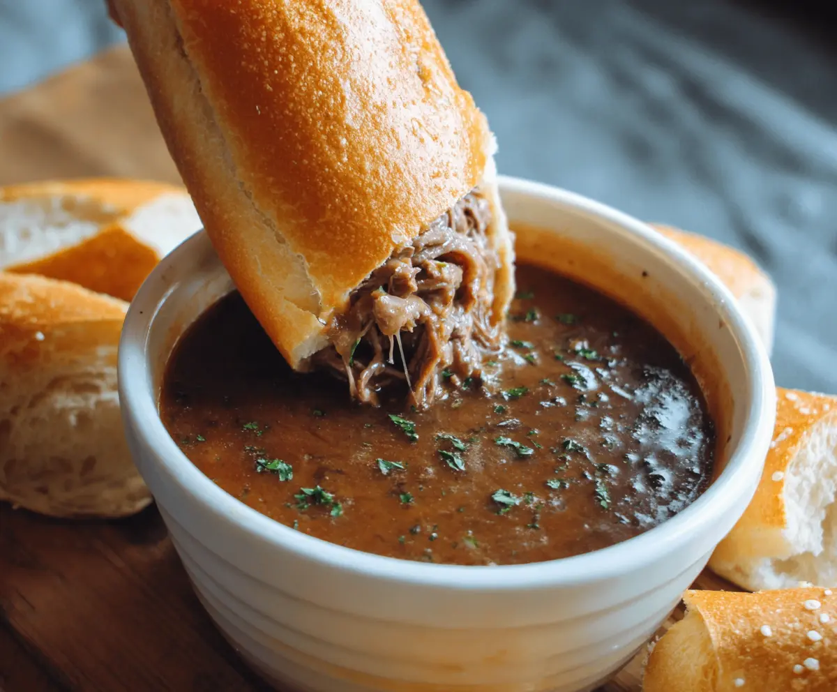 Delicious 5 Ingredient Beef Dip served with fresh bread and crispy vegetables
