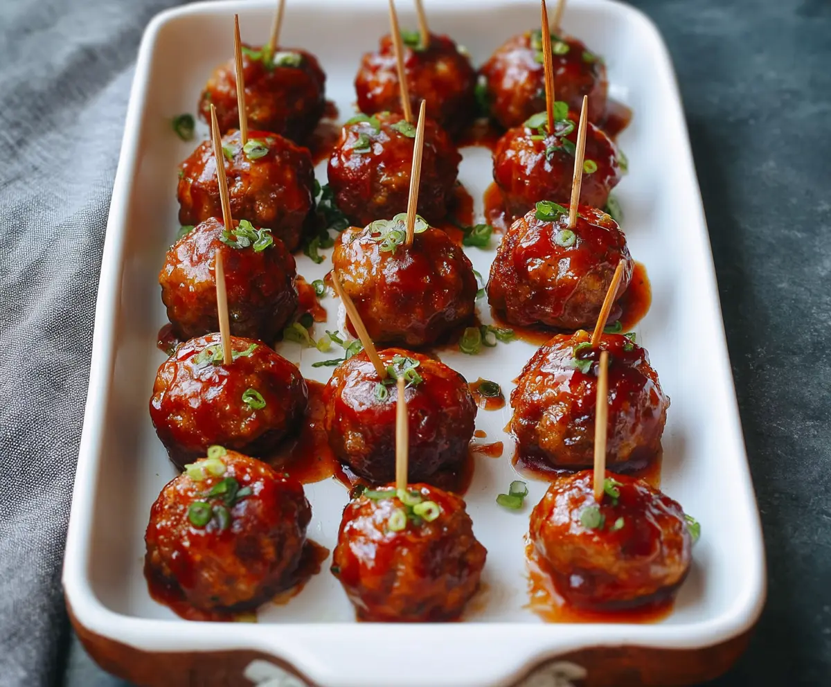 Apricot BBQ Cocktail Meatballs served as a delicious appetizer with shiny glaze and fresh herbs.