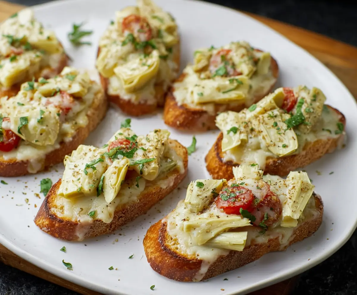 Delicious artichoke bruschetta on toasted baguette slices garnished with herbs