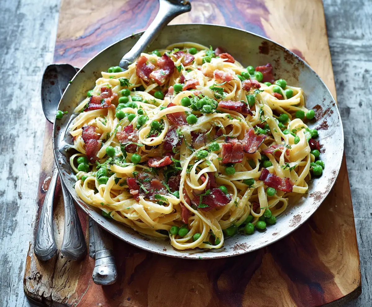 Delicious bacon and pea pasta dish served in a white bowl, garnished with fresh herbs.