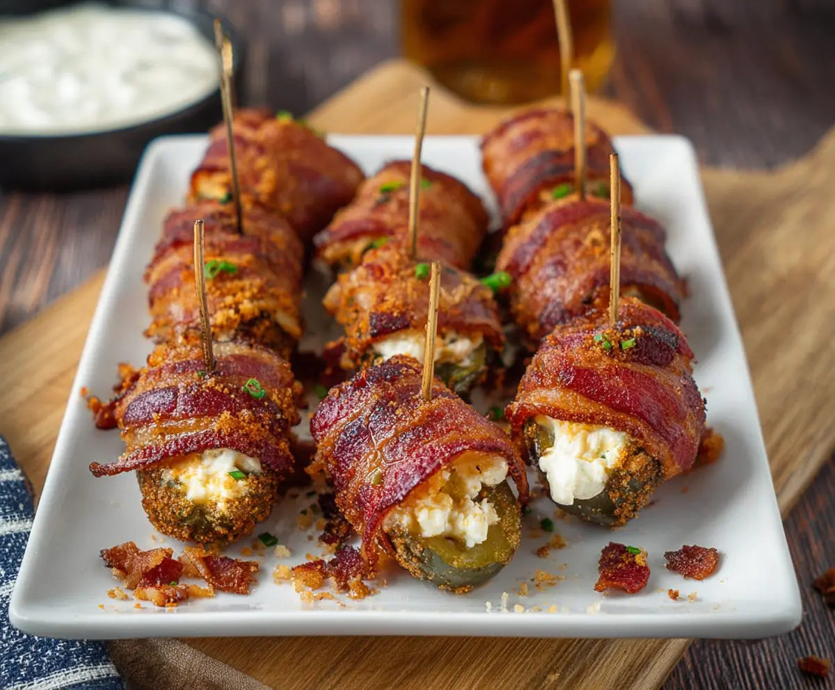 Bacon-wrapped pickle poppers with melted cheese on a platter, perfect for appetizers.