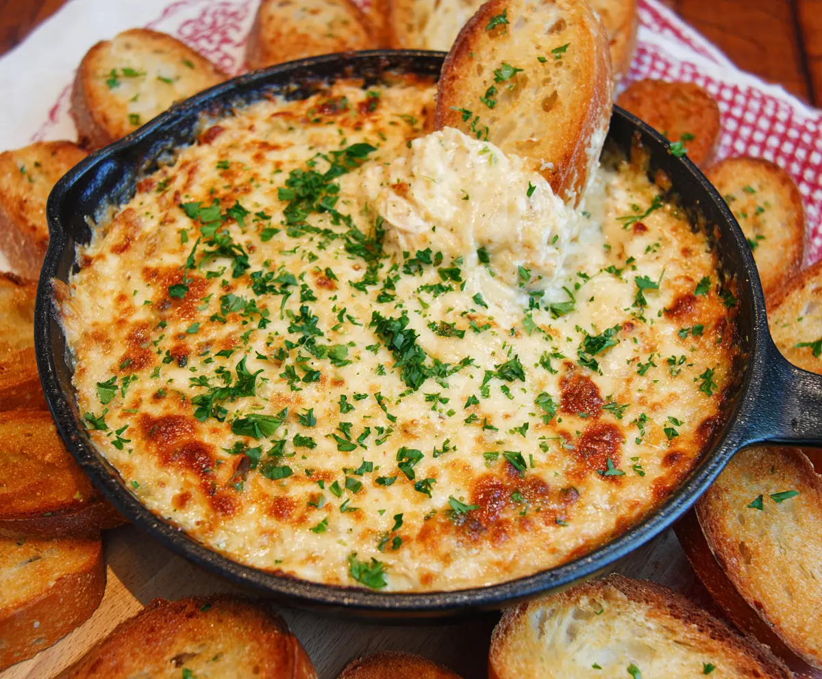 Creamy baked chicken Alfredo dip in a serving dish with melted cheese and herbs