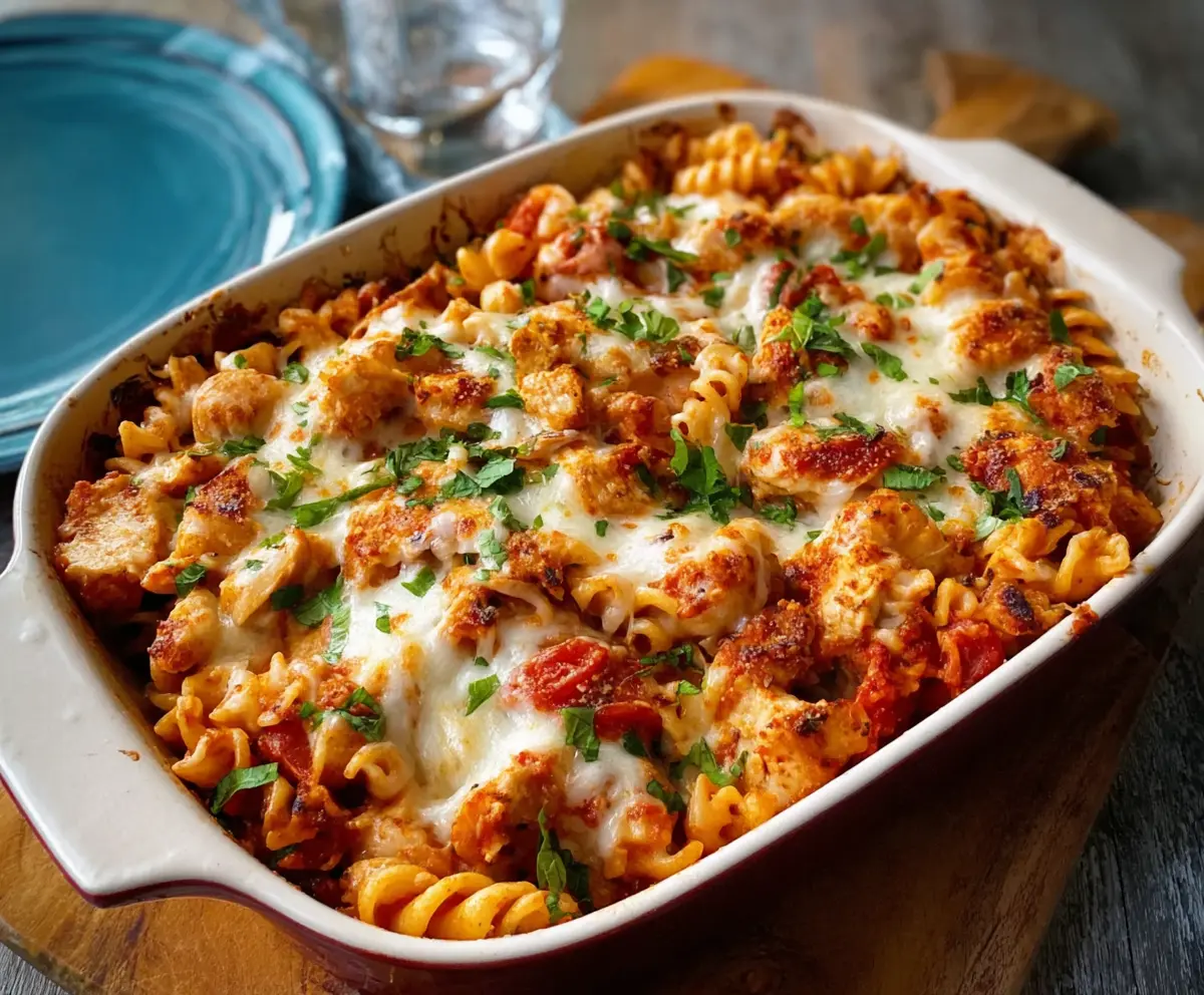 Delicious baked chicken mozzarella pasta dish with melted cheese and pasta on a plate.