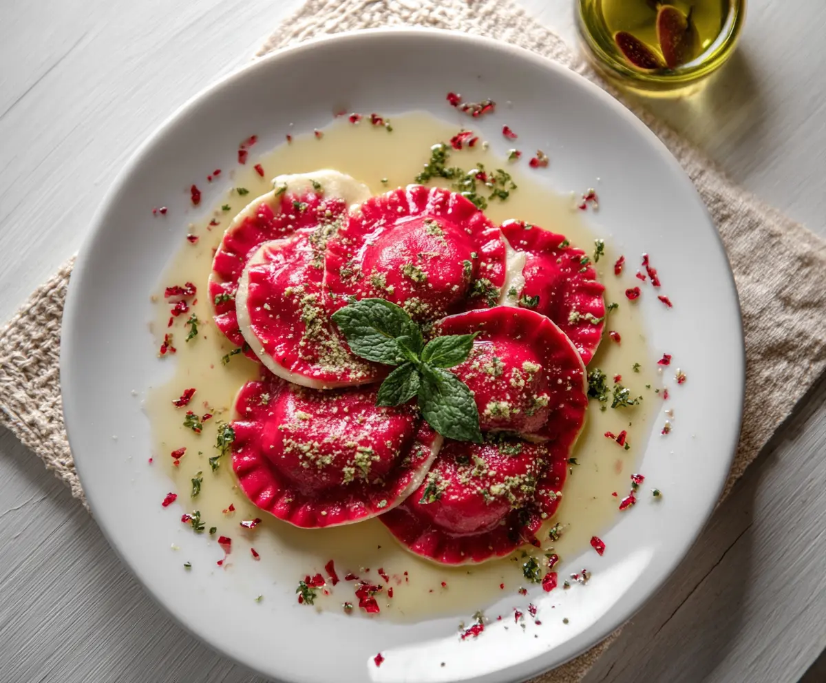 Delicious homemade beet ravioli with vibrant red color and fresh filling on a rustic plate.